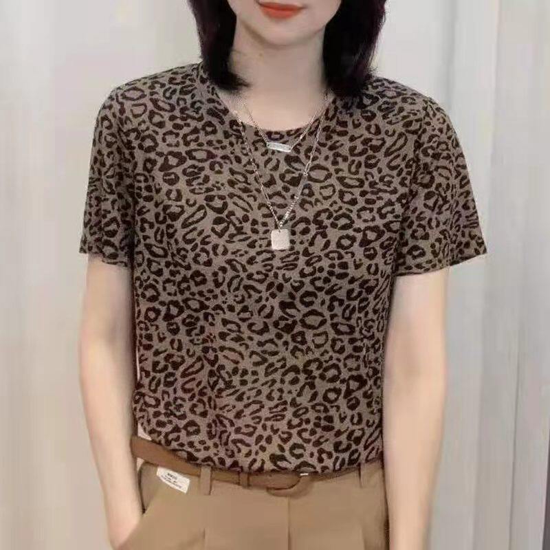 欧货复古豹纹短袖T恤女2024夏季新款圆领宽松百搭时尚女人味上衣