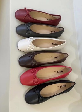 opel真皮法式复古方头浅口玛丽珍韩国蝴蝶结单鞋红色婚鞋豆豆鞋女