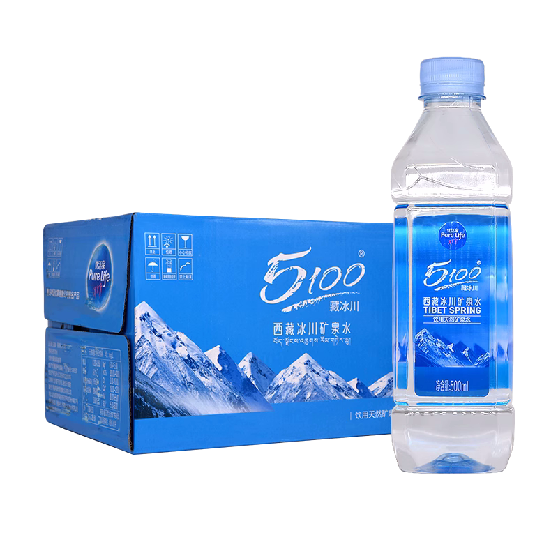 优活家5100西藏冰川矿泉水饮用水500mlx24瓶整箱装家用会议办公