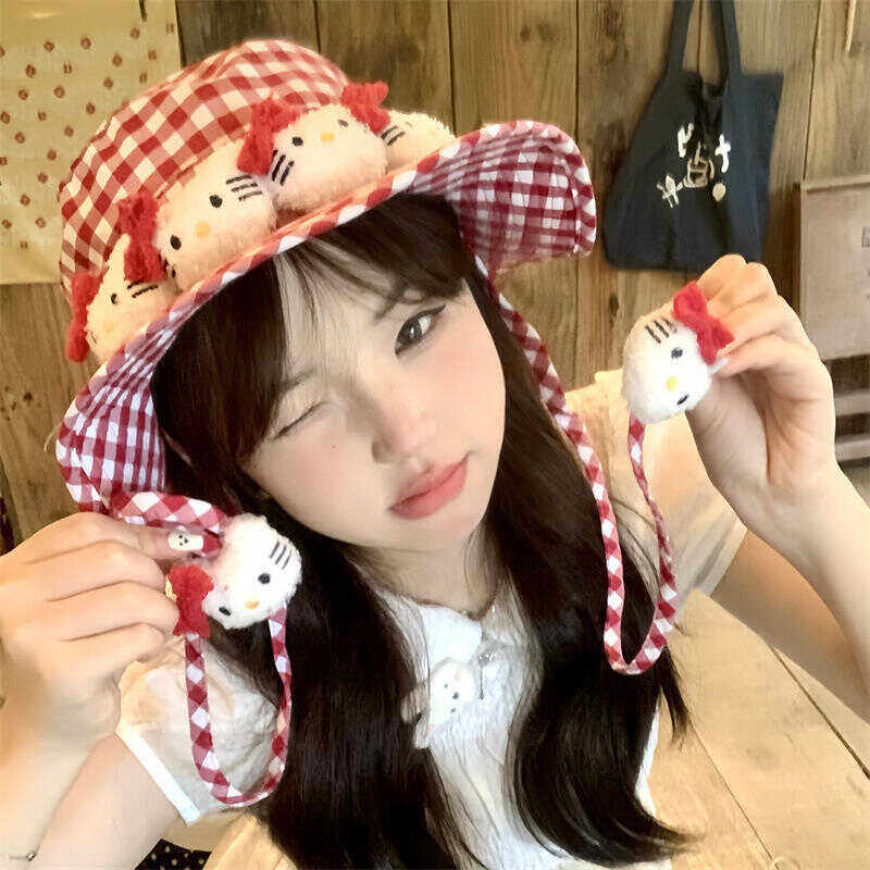 hellokitty渔夫帽女防晒防紫外线y2k凯蒂猫红格子甜妹出游遮阳帽
