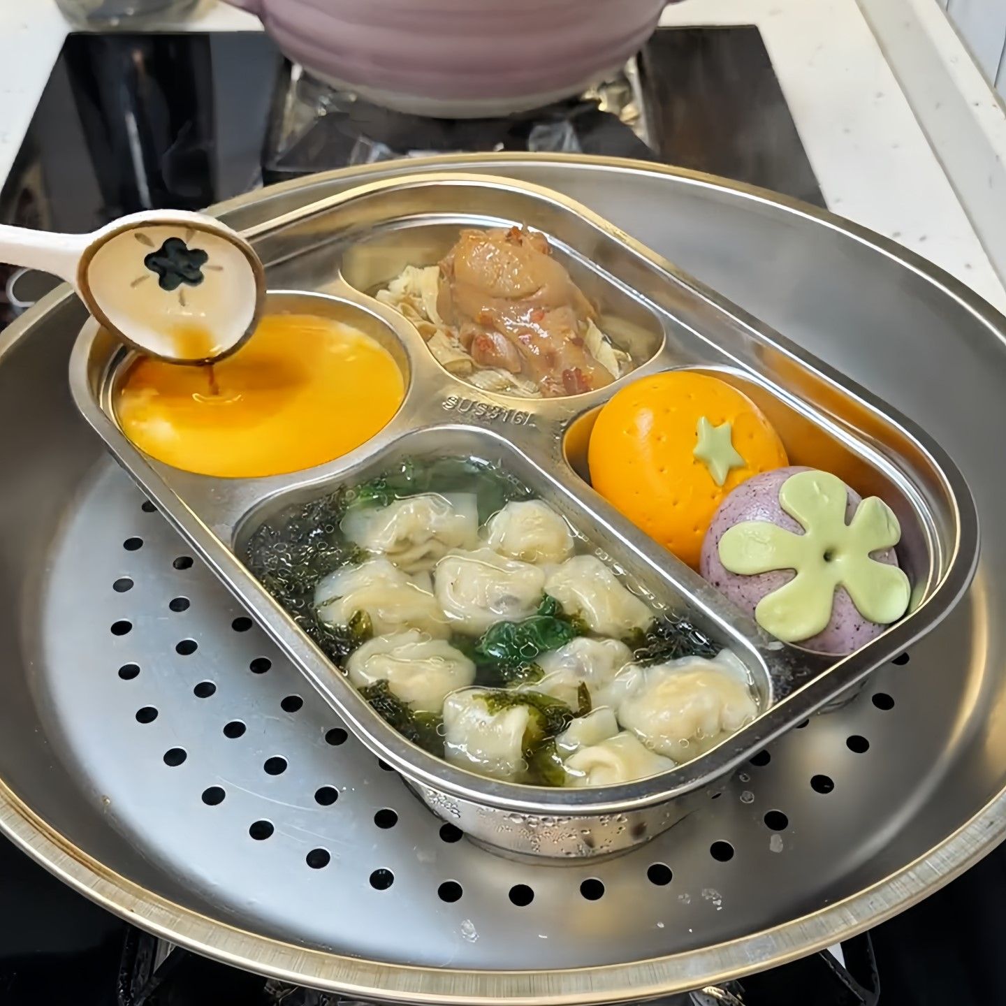 316不锈钢餐盘四格分隔盘食堂蒸盘食品级蒸盘蒸菜分格盘子便当盒
