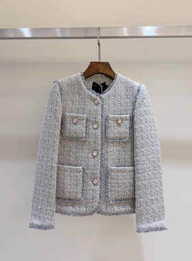 轻奢小香风外套重工流苏绵羊毛外套—灰金色—8878