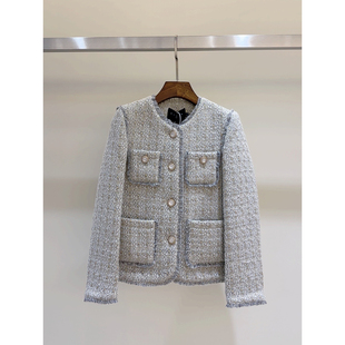 轻奢小香风外套重工流苏绵羊毛外套—灰金色—8878