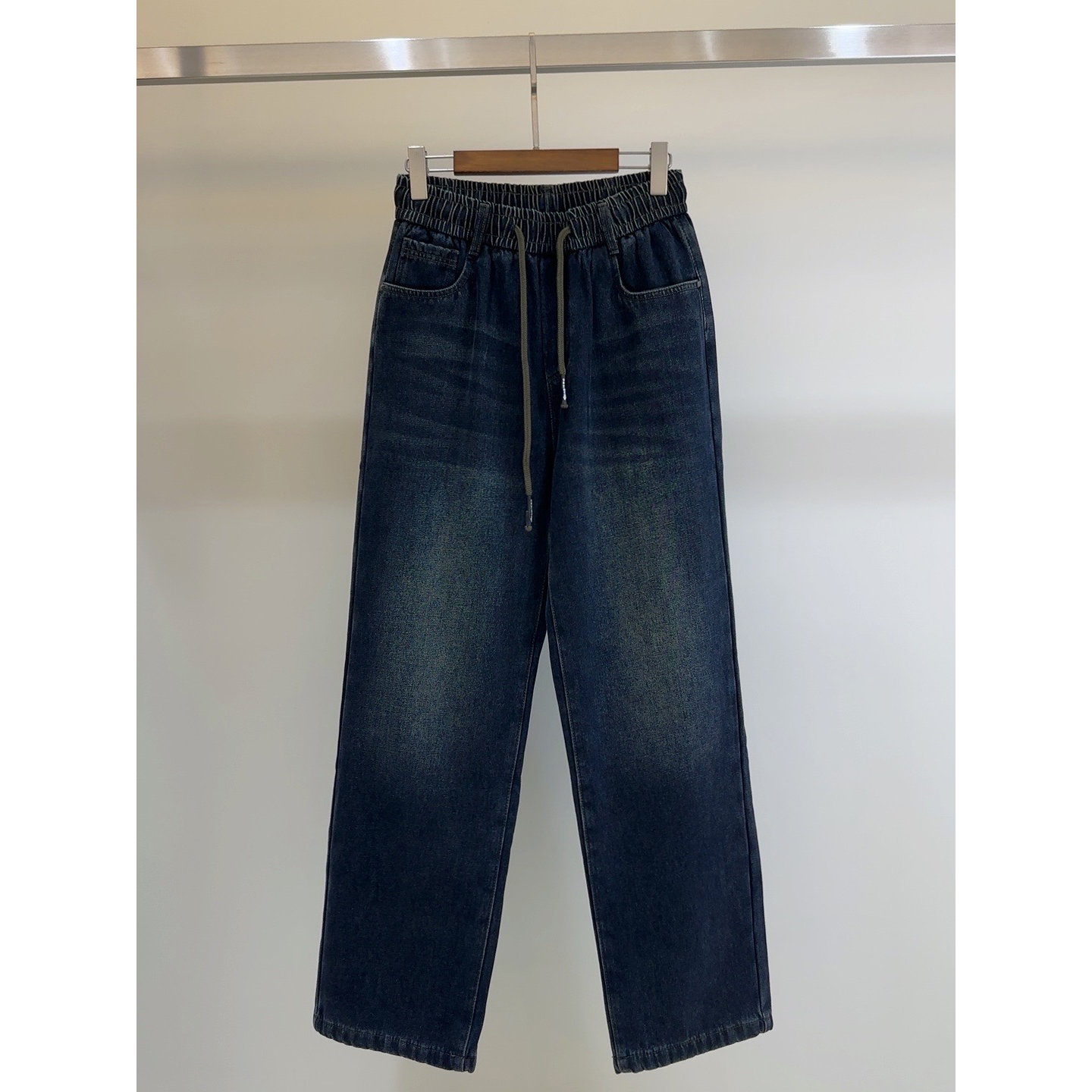 街头男人帮男款松紧腰加绒直通阔腿牛仔裤男裤—1378