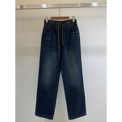 街头男人帮男款松紧腰加绒直通阔腿牛仔裤男裤—1378