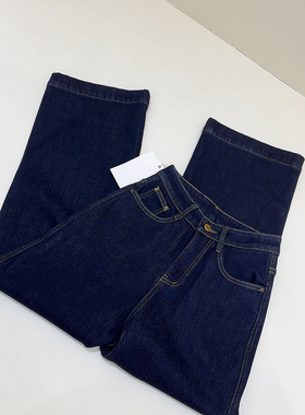 女款加绒加厚保暖高腰深蓝色经典爆款阔腿直筒牛仔裤—藏青—8865