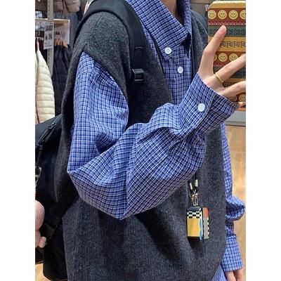 少年感蓝色格子衬衫叠穿内搭日系复古上衣长袖打底衬衣外套男女款