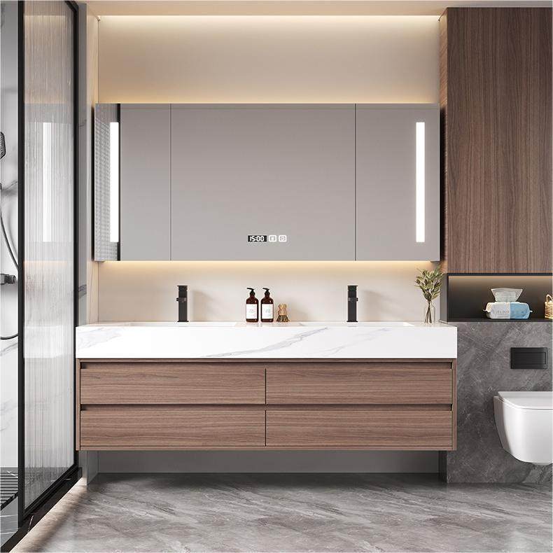 原木风可丽耐岩板热弯无缝一体盆橡木浴室柜组合洗脸洗漱台盆定制