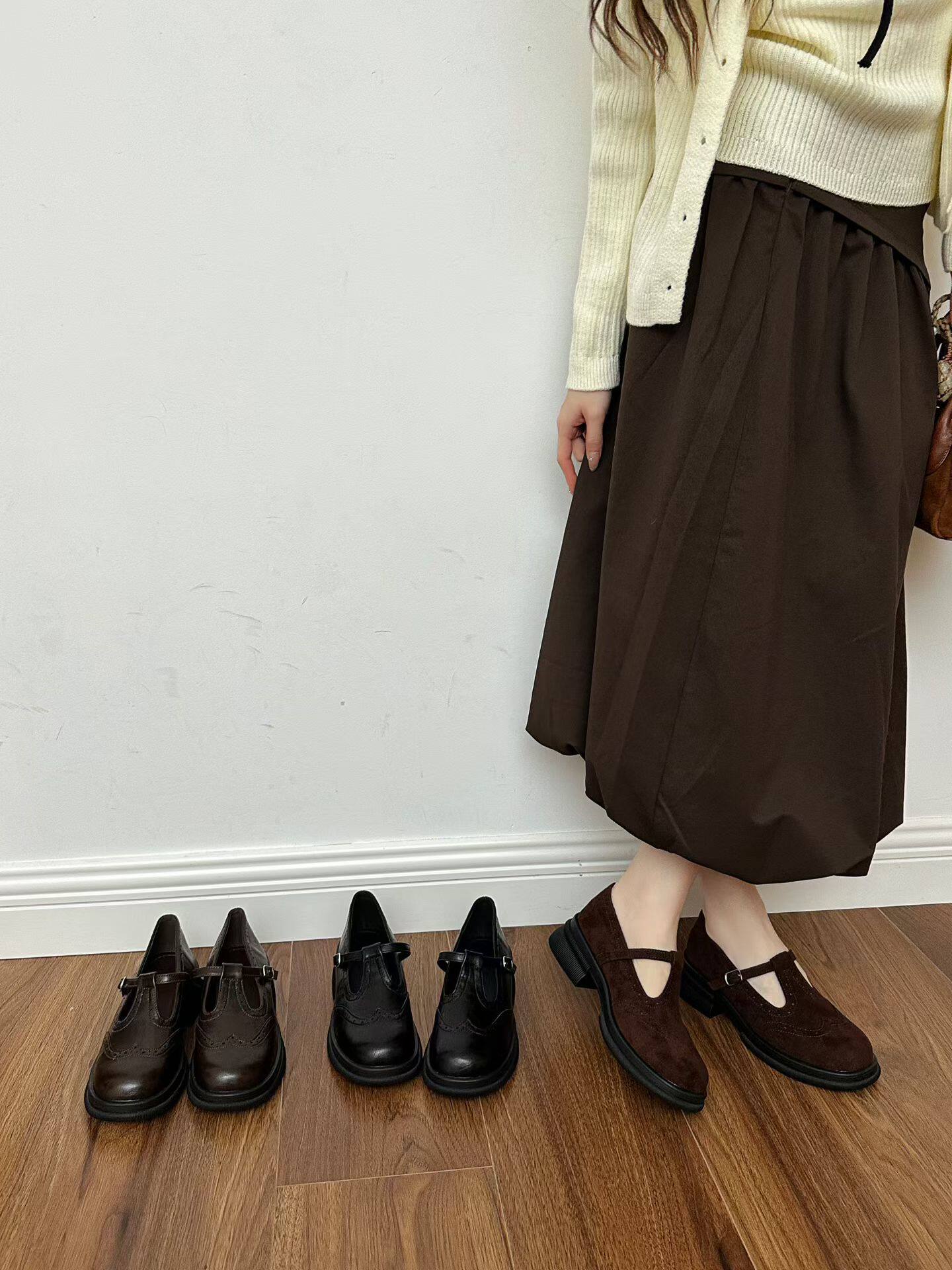 英伦复古丁字粗跟厚底玛丽珍鞋