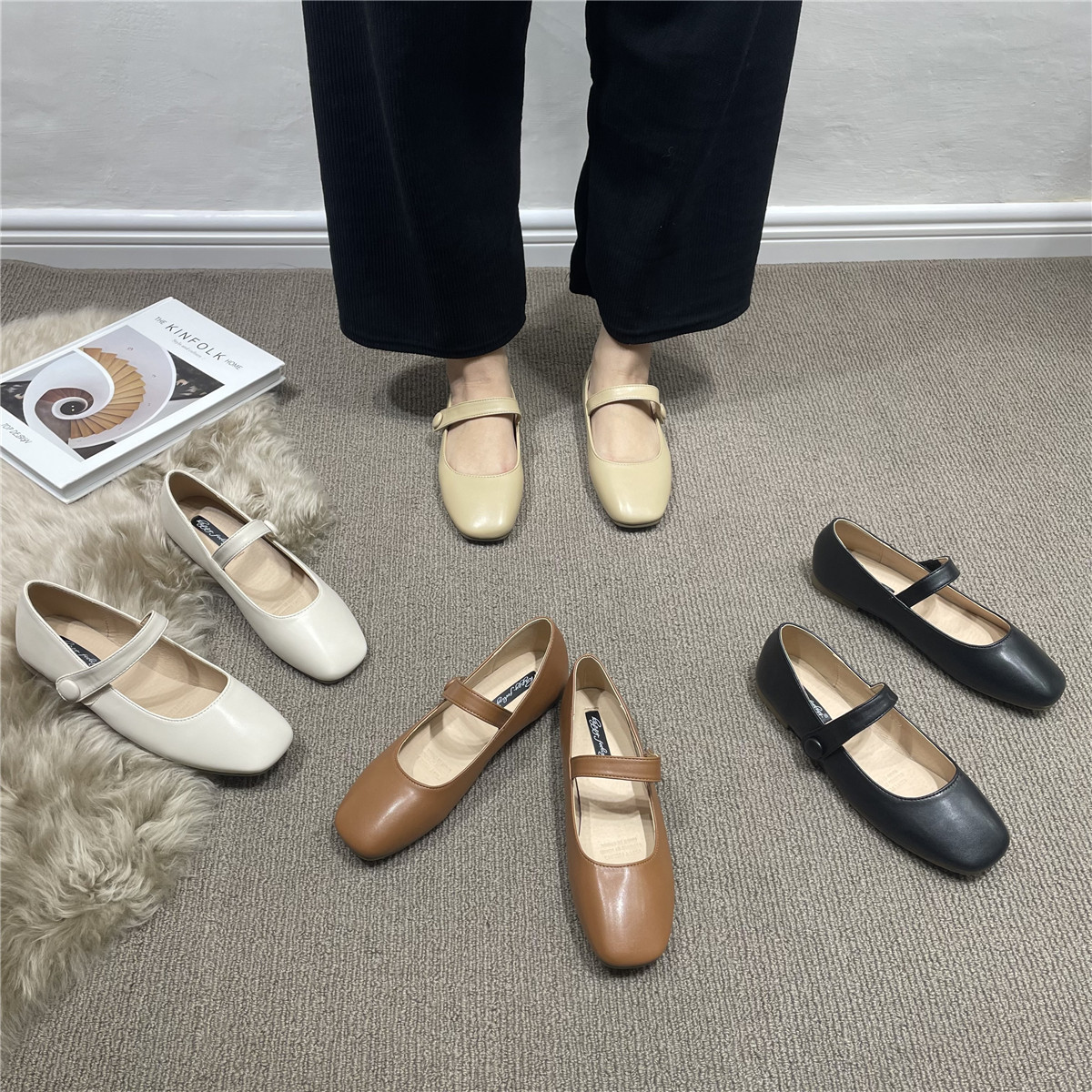 40码单鞋女平底秋季新款复古法式仙女玛丽珍鞋浅口方头扣带奶奶鞋