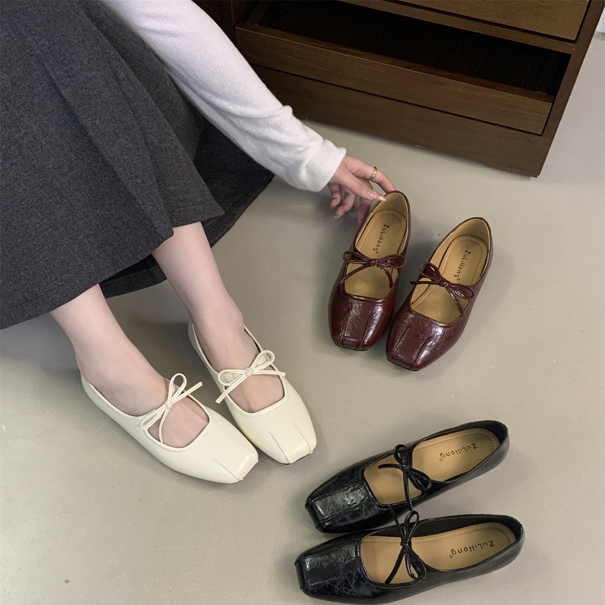 法式甜美风内增高蝴蝶结系带方头单鞋女玛丽珍芭蕾舞鞋软底奶奶鞋