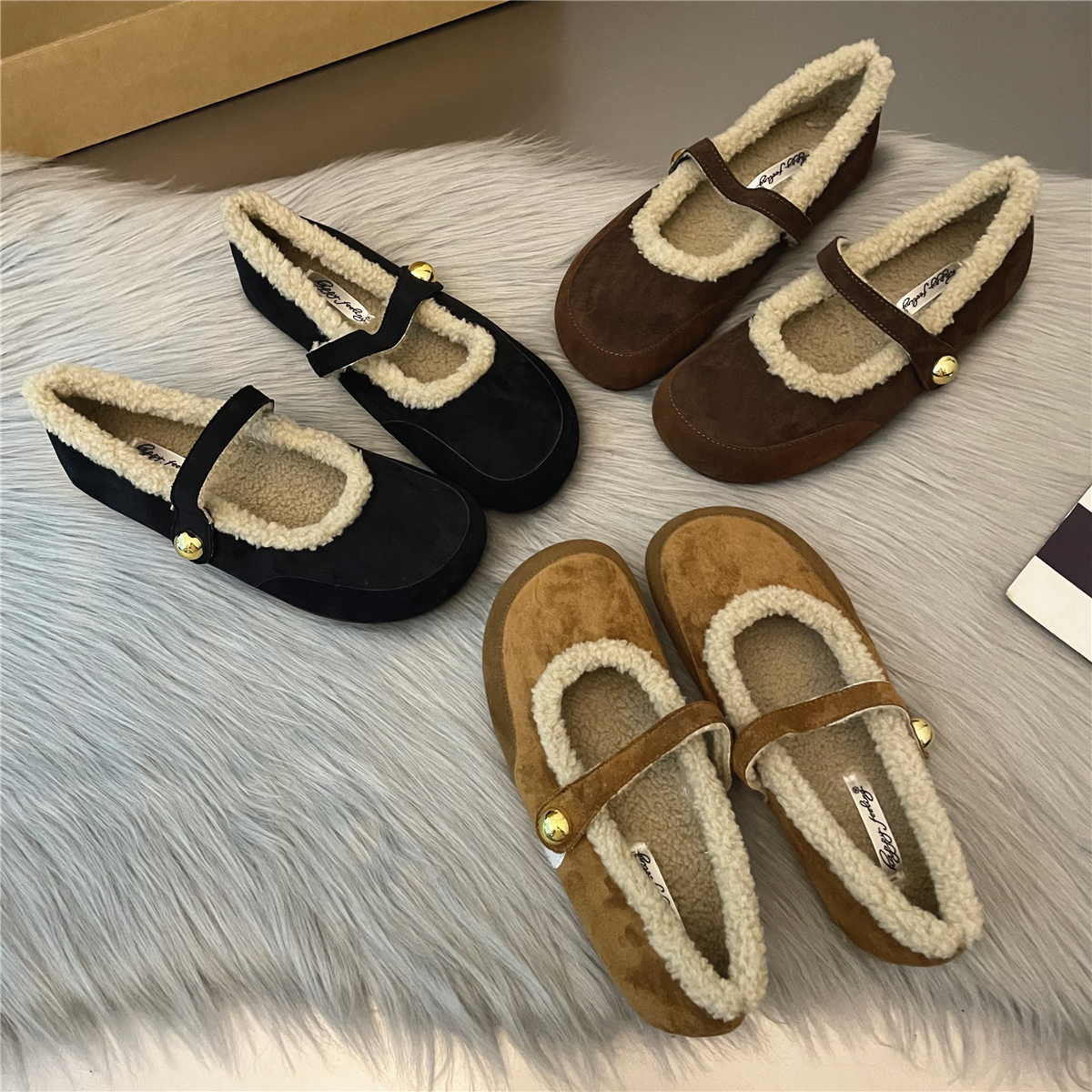 配裙子软底芭蕾玛丽珍鞋女毛毛鞋简约外穿拼接大头加绒羊羔毛棉鞋