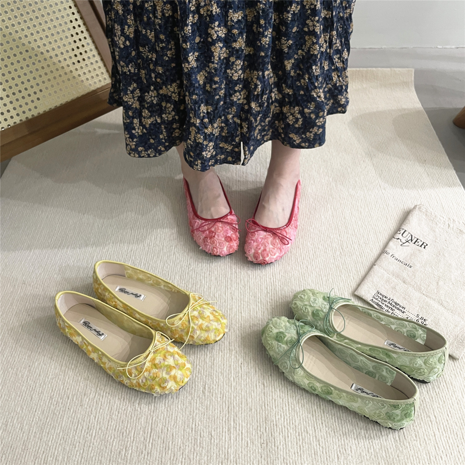 新中式玫瑰芭蕾舞鞋女配裙子软底气质仙女风浅口单鞋蝴蝶结晚晚鞋