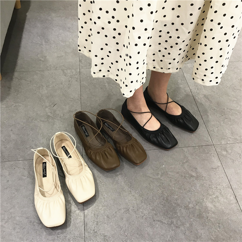 RUFFLED GRANNY SHOES WOMENS VERSATILE VINTAGE SOFT-SOLED SQUARE-TOE MARY JANE SHOES CROSS-STRAP LACE-UP BALLET FLATS