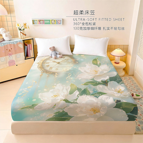 新款抗皱床笠洁白栀子花舒适印花图案家用宿舍单双人150x200