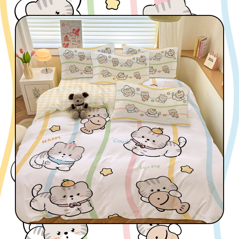 可爱美国短尾猫全棉四件套卡通小猫三件套女生寝室学生宿舍单被套