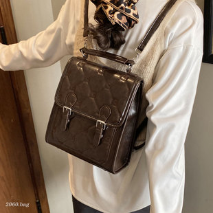 百搭菱格纹双肩包女2025斜挎小众高级感学生上课通勤皮质背包时尚