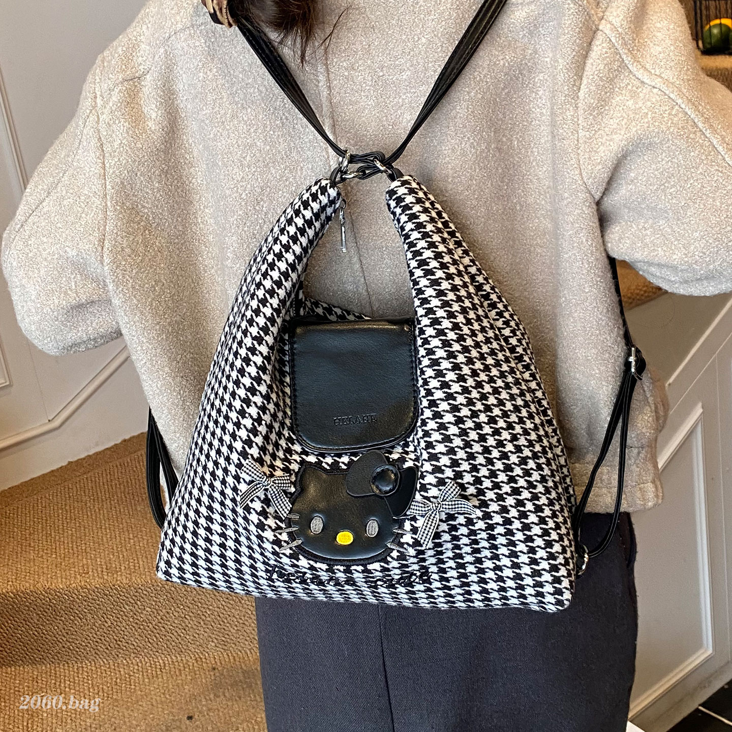 韩版千鸟格大容量单肩包2025新款ins双肩包通勤学生上课女斜挎包