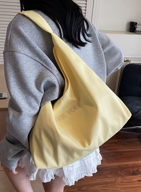 韩系黄色字母尼龙帆布包包女2025新款大容量单肩托特包通勤购物袋