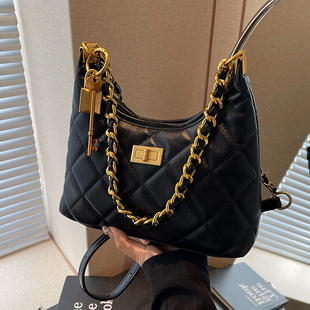 小香风菱格链条简约单肩包2025秋季新款小方包大容量百搭斜挎包包