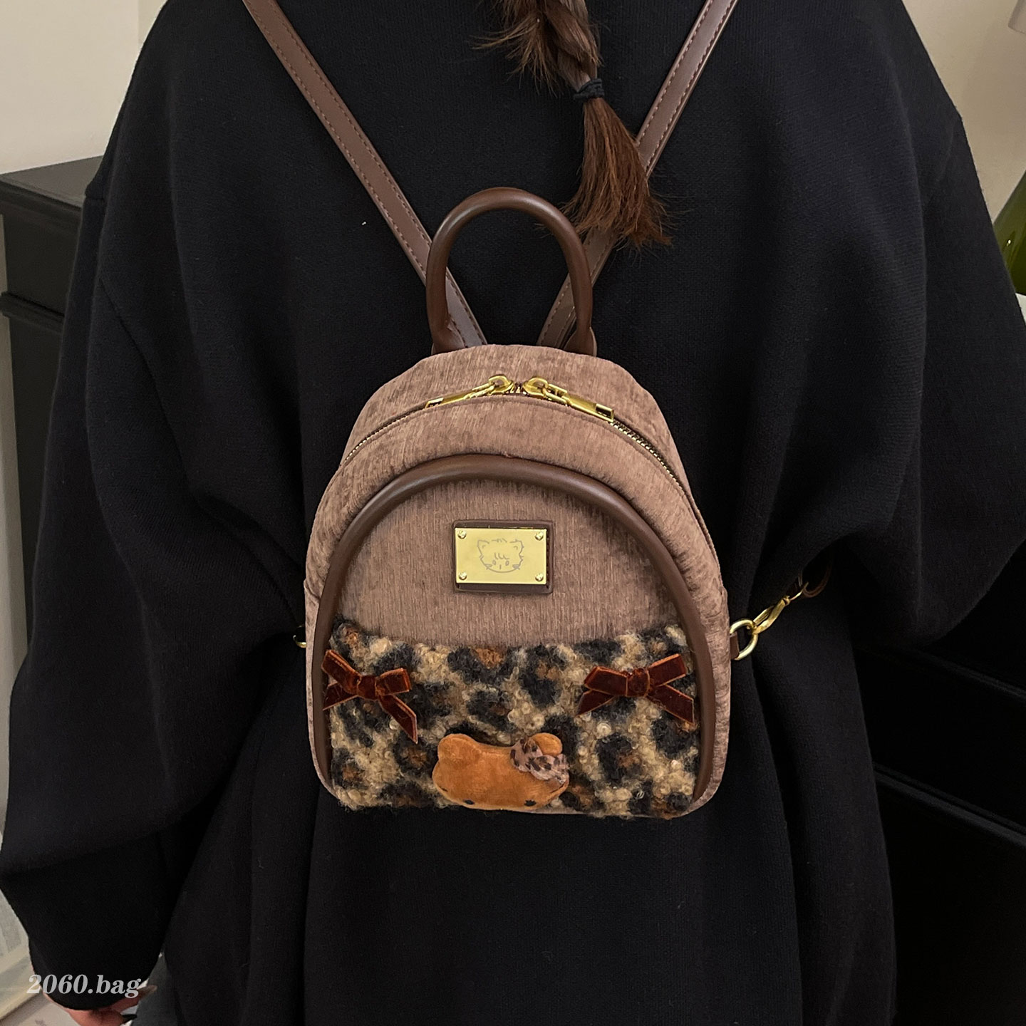 韩版格子豹纹小众设计双肩包包2025新款复古女学院风潮ins小包包