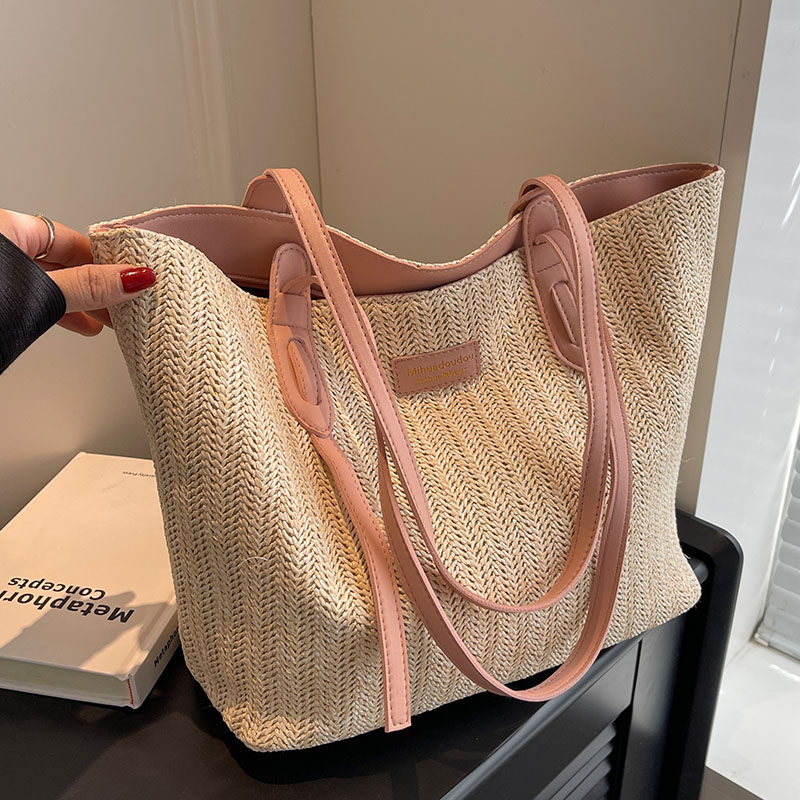 学生上课手提大容量包包女简约休闲通勤托特包2025夏季编织单肩包