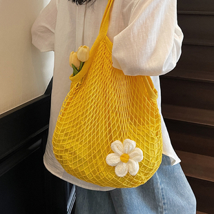 夏季网兜大容量镂空单肩包2025新款镂空海边度假风花朵托特包大包