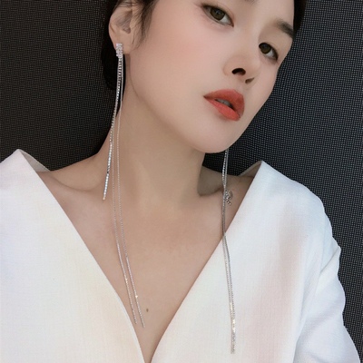 S925纯银针天然锆石轻奢超长简约流苏耳线高级感夸张显脸小耳环女