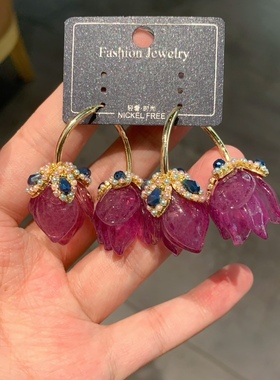 紫色琉璃花朵耳环复古中古风超仙S925银针绿松石高级轻奢夏季耳饰