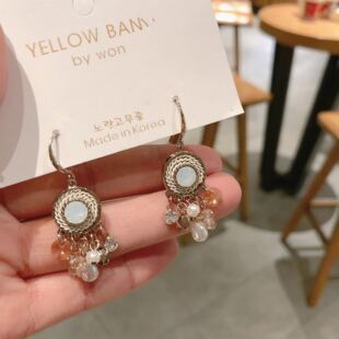 韩国个性 民族风复古耳钉女气质超仙小众蛋白石耳环适合胖脸银耳饰