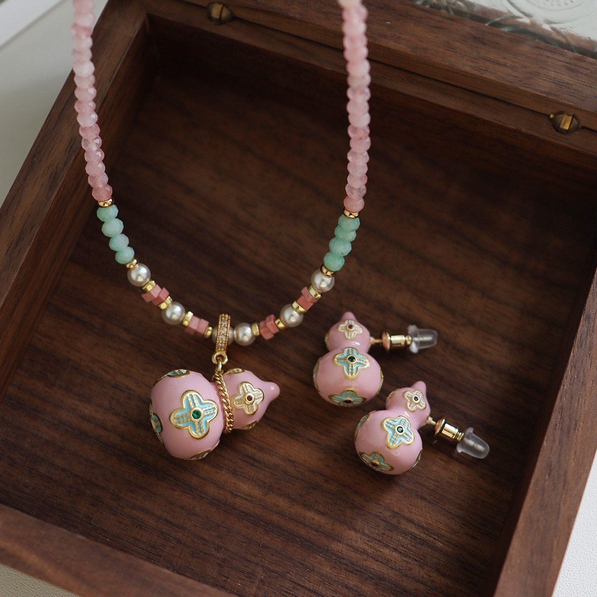 新中式复古珐琅滴釉葫芦珍珠天然石串珠项链小众高级感毛衣链耳钉,饰品/流行首饰/时尚饰品新,项链,淘宝优惠券,粉丝福利购,淘宝优惠卷