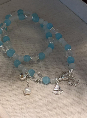 海蓝色猫眼石海洋系列帆船双层手链女INS风水晶甜美手串首饰