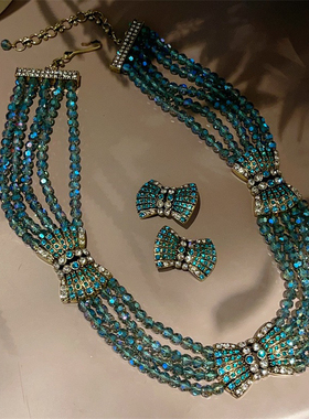 西洋古董中古复古蝴蝶结多层琉璃项链耳钉耳环耳饰时尚首饰套装