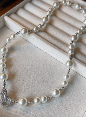 麻灰色珍珠项链女款2024新款毛衣链高级感轻奢秋冬小众配饰品