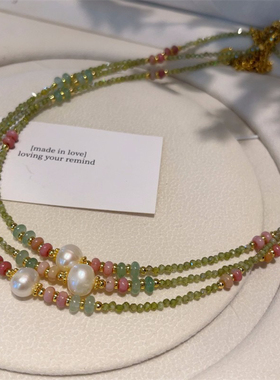 小清新绿豆沙橄榄石切面淡水珍珠串珠简约气质极细水晶项链锁骨链