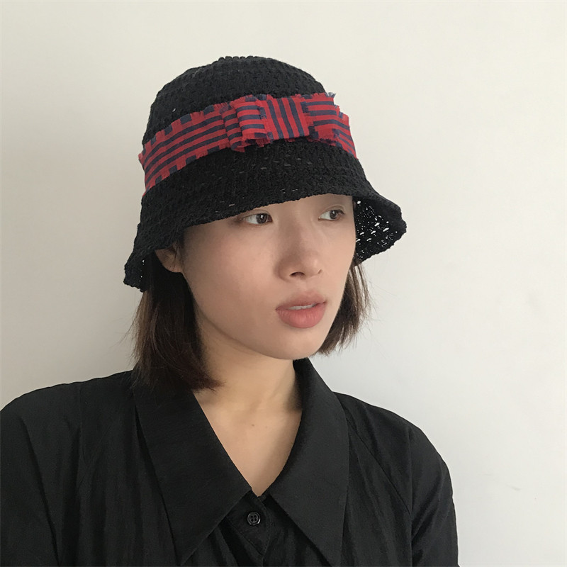 Q三环路针织格纹绑带装饰渔夫帽简约百搭盆帽透气吸汗防晒遮阳帽