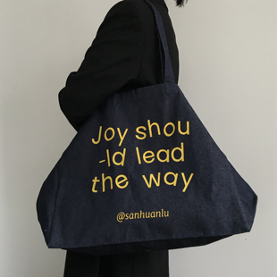 三环路原创黄色字母水洗牛仔包休闲通勤大容量单肩斜挎托特包美式