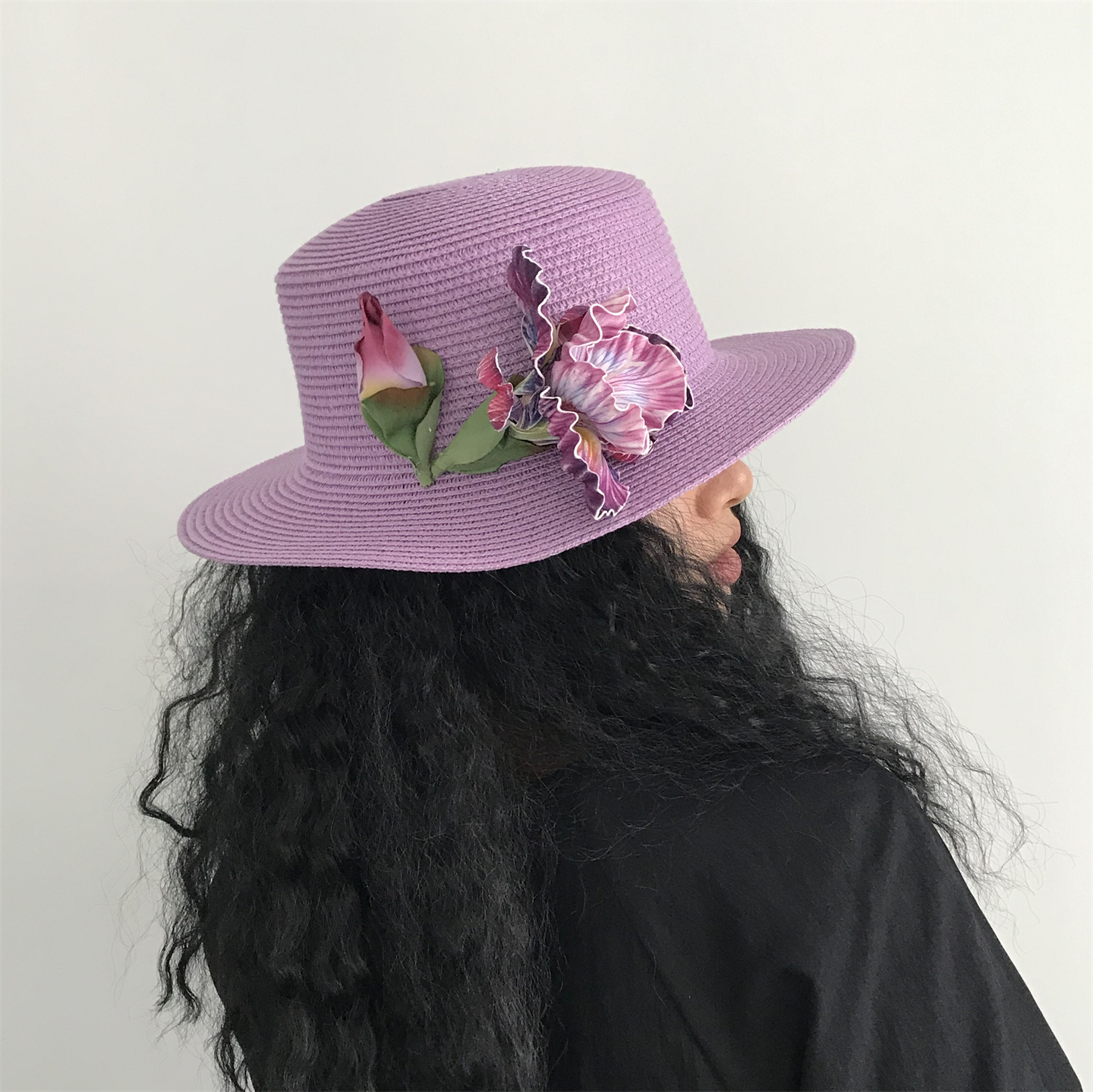 三环路时尚花朵草编平沿礼帽大檐遮阳草帽夏季户外防晒海边度假