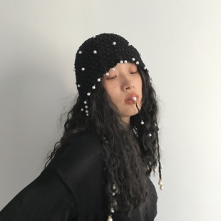 三环路棉线镂空珍珠吊坠帽子个性包头帽时尚毛线帽四季款对对帽潮