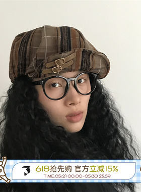 QF三环路格纹贝雷帽气质港风复古画家八角帽显脸小皮带扣报童帽