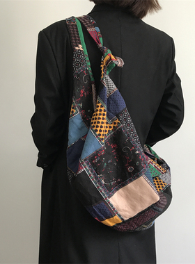 三环路彩色民族拼接格纹单肩包remake大容量帆布双肩包多用斜挎包