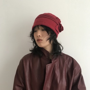 三环路奶奶帽冬复古时尚玫瑰花刺绣冷帽小众针织棉帽女生休闲帽潮