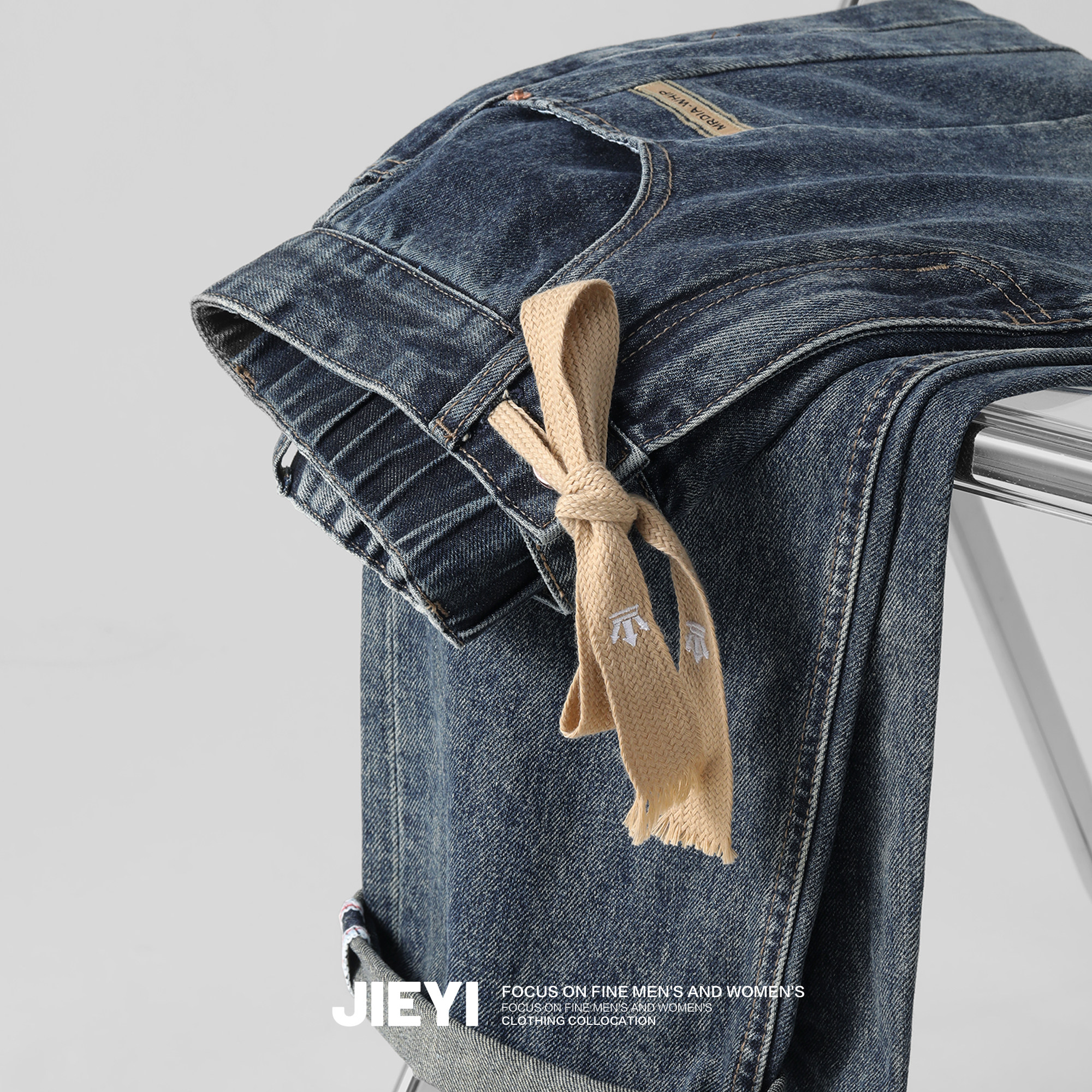 介乙 棉质直筒美式休闲抽绳牛仔裤美拉德风工装潮男半松紧腰长裤,男装,牛仔裤,淘宝优惠券,粉丝福利购,淘宝优惠卷