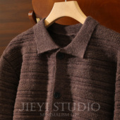 JIEYI 重磅880g立体提花针织开衫 花色混纺复古老奢翻领毛衣外套男