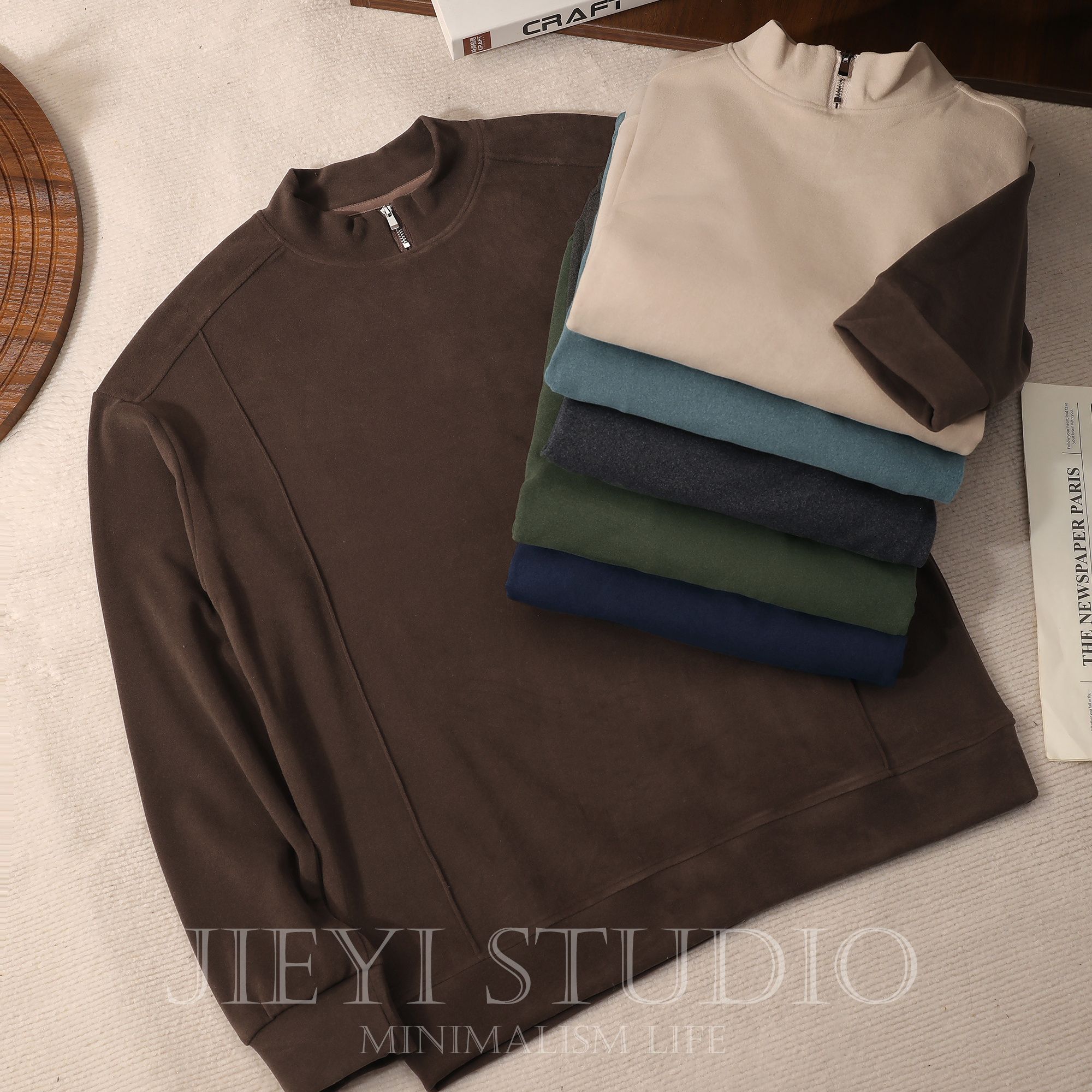 JIEYI 纯色解构分割半拉链卫衣保暖冬季小中立领双面德绒磨毛上衣