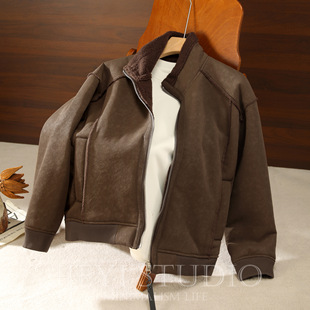 JIEYI 解构分割羊羔绒夹克 重磅皮毛一体麂皮绒翻领外套男加绒厚款