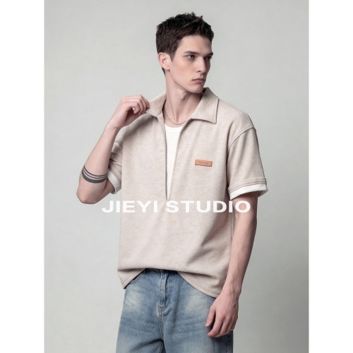 JIEYI 层次感V型假两件拼接POLO衫男夏季时尚潮牌休闲短袖T恤上衣