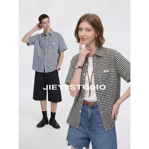JIEYI 100%纯棉cityboy复古风格纹衬衫男不对称口袋宽松短袖寸衣