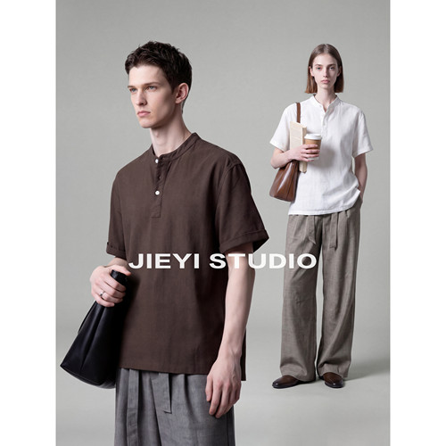 JIEYI 半开襟极简风通勤短袖上衣100%纯棉仿麻肌理亲肤立领T恤男