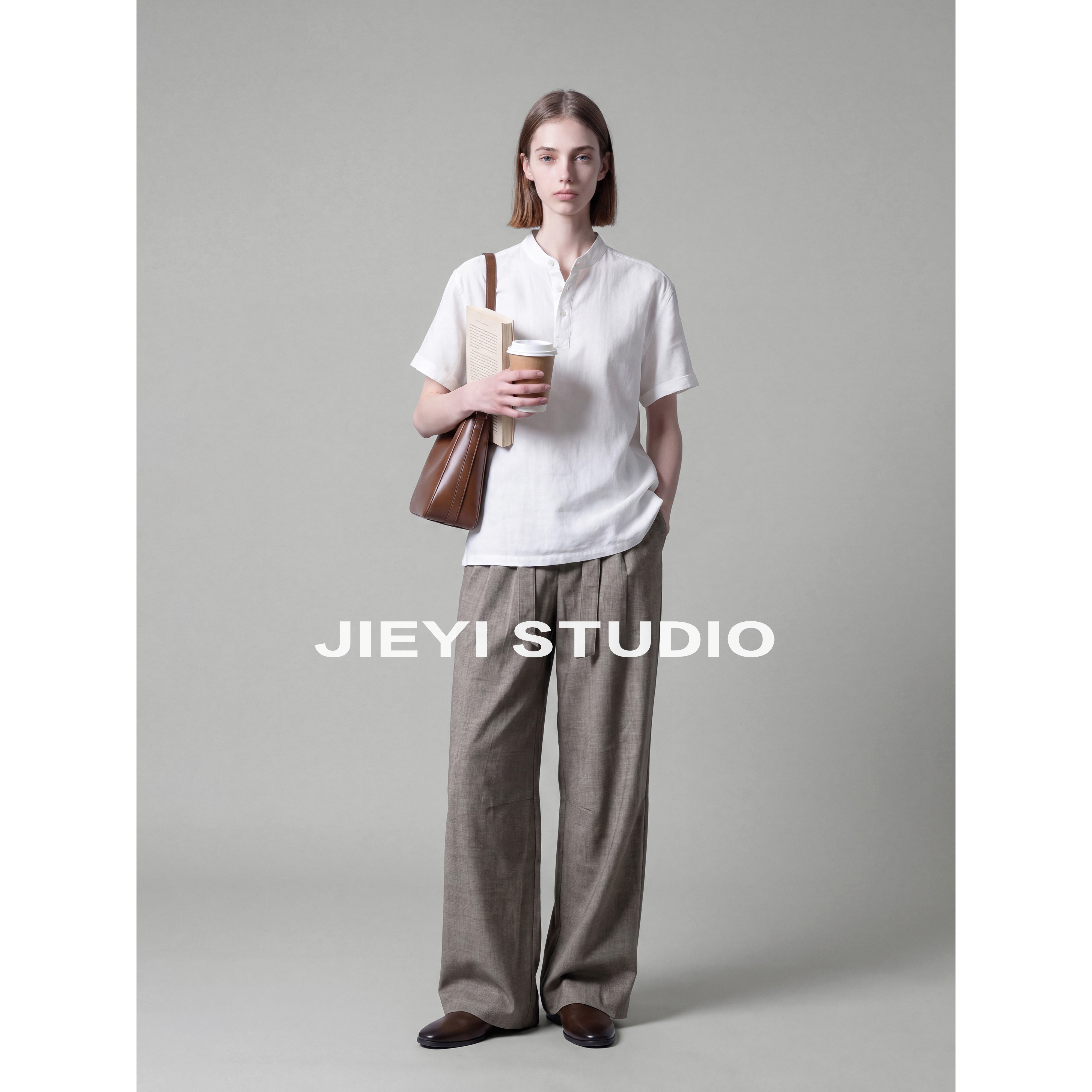 JIEYI 100%纯棉男士仿麻肌理短袖半开襟T恤透气立领清爽纯色上衣图片